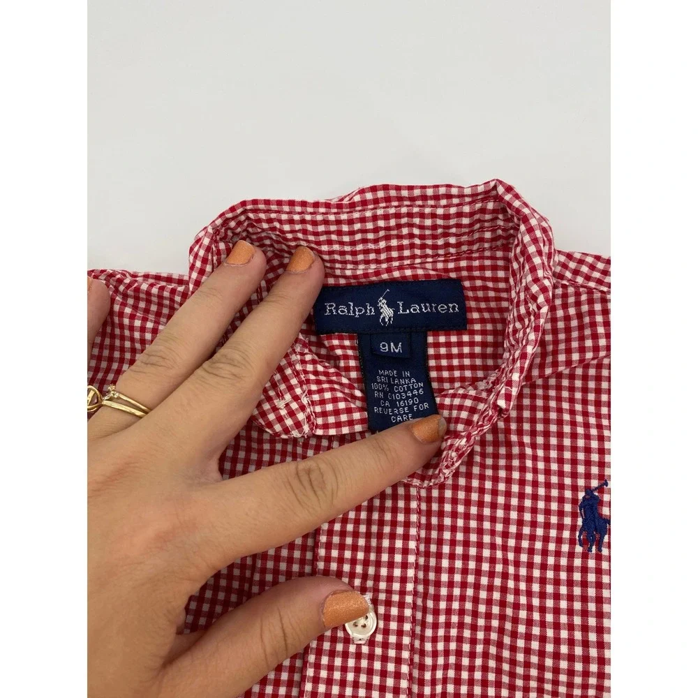 Ralph Lauren Romper 9M Red Gingham Check Button Front Short Sleeve Polo Pony